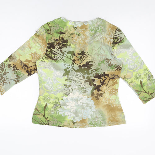 Wallis Womens Green Floral Viscose Basic T-Shirt Size 14 V-Neck