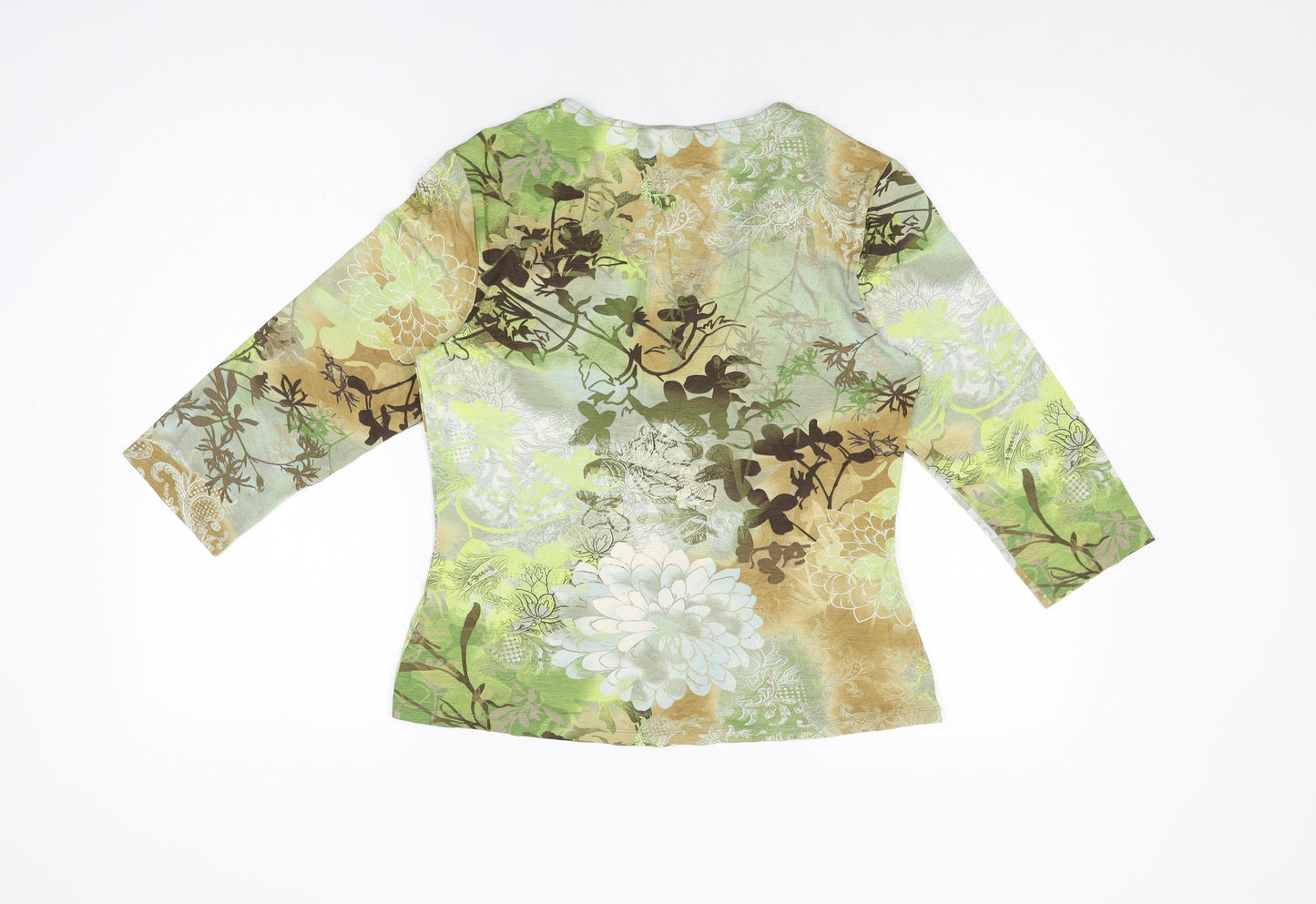 Wallis Womens Green Floral Viscose Basic T-Shirt Size 14 V-Neck