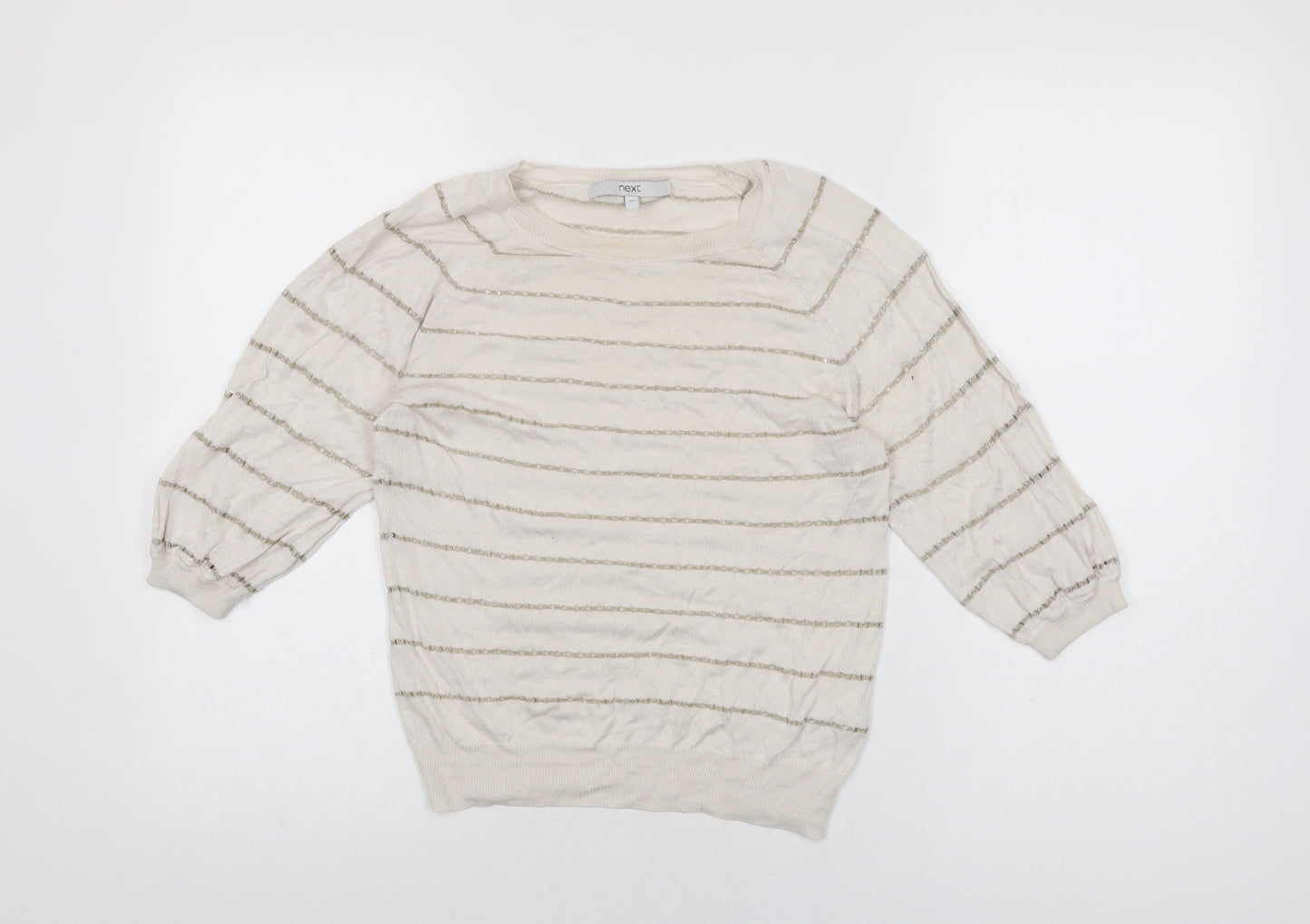 NEXT Womens Ivory Striped Modal Basic T-Shirt Size 10 Round Neck
