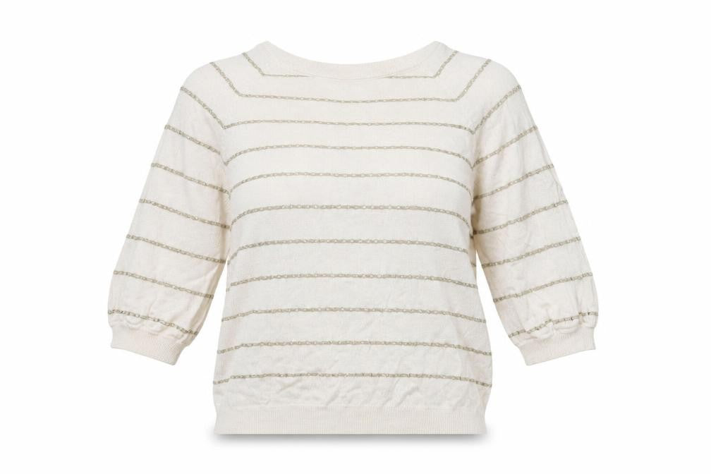 Front view of Next women’s ivory striped modal basic t-shirt, size UK 10, round neck
