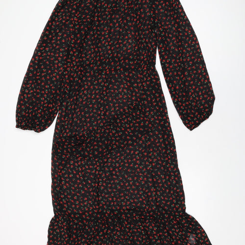 New Look Womens Black Floral Polyester A-Line Size 10 Round Neck Button