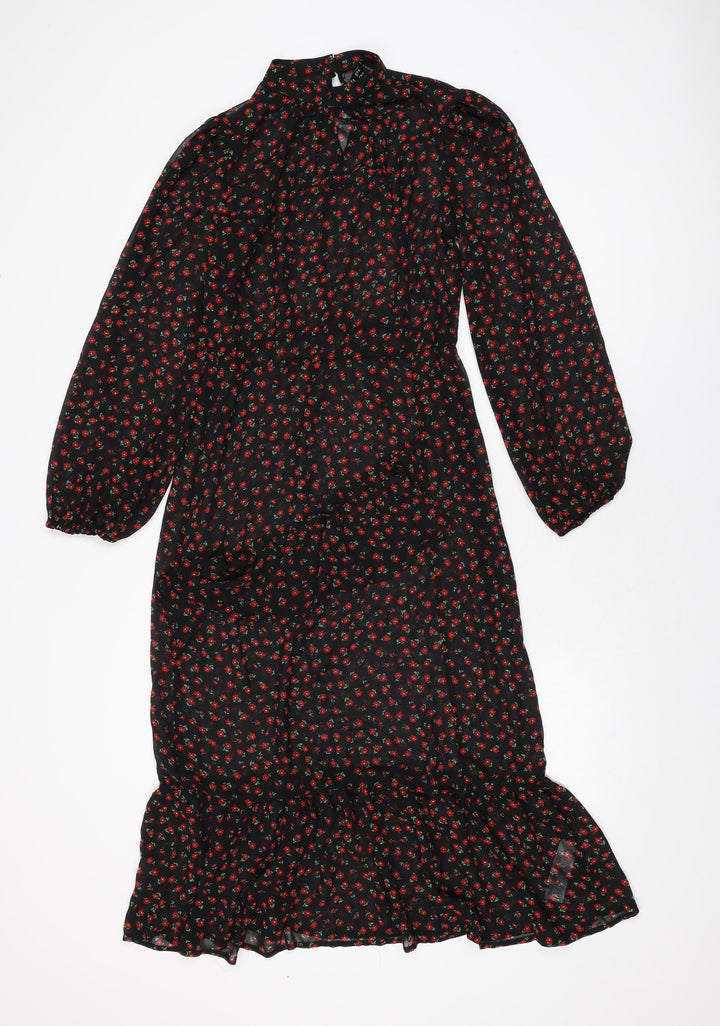 New Look Womens Black Floral Polyester A-Line Size 10 Round Neck Button