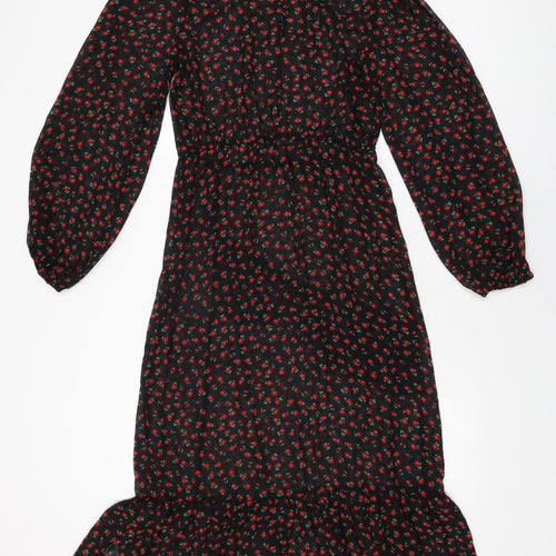 New Look Womens Black Floral Polyester A-Line Size 10 Round Neck Button