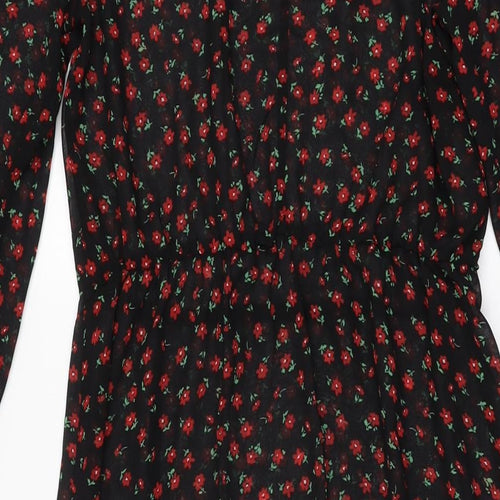 New Look Womens Black Floral Polyester A-Line Size 10 Round Neck Button