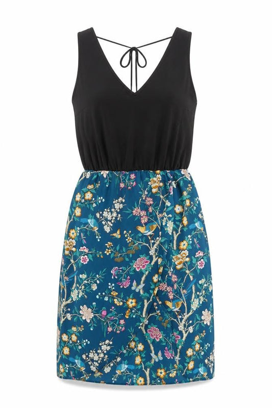 Front view of Oasis women’s black floral polyester shift, size UK 10, v-neck tie