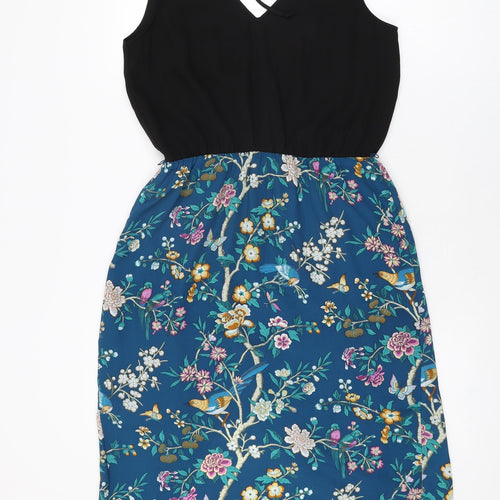 Oasis Womens Black Floral Polyester Shift Size 10 V-Neck Tie