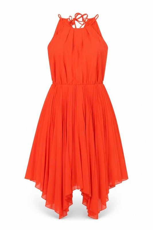 Front view of Warehouse women’s red polyester a-line, size UK 12, round neck tie