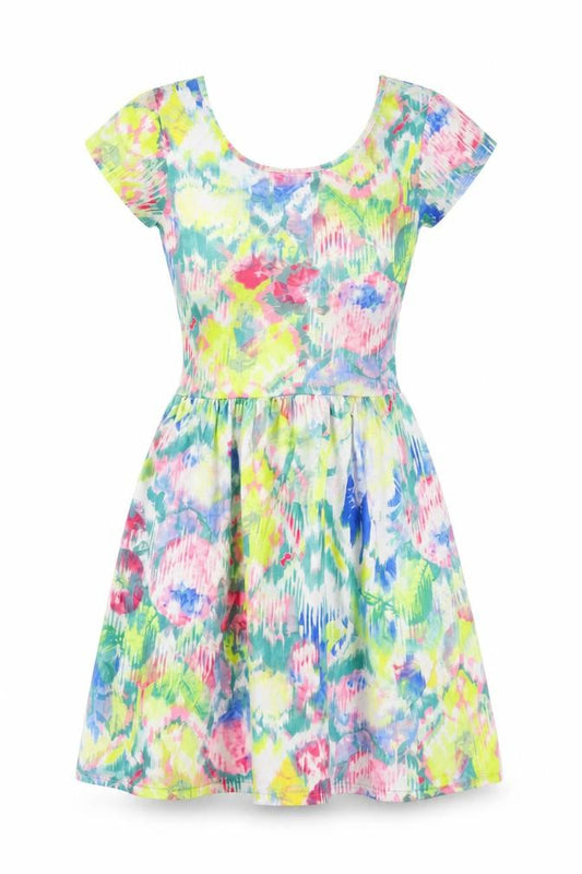 Front view of @Republic women’s multicoloured geometric polyester skater dress, size UK 8, scoop neck pullover