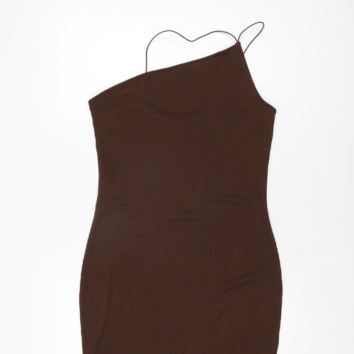 H&M Womens Brown Polyester Bodycon Size L One Shoulder Pullover