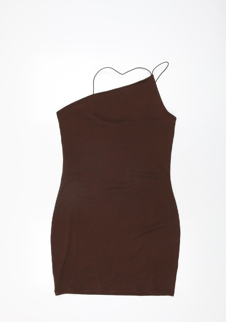 H&M Womens Brown Polyester Bodycon Size L One Shoulder Pullover