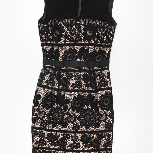 Joanie Womens Black Floral Cotton Bodycon Size 10 Round Neck Zip