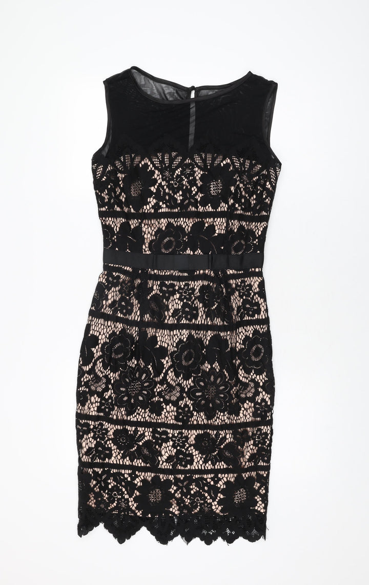 Joanie Womens Black Floral Cotton Bodycon Size 10 Round Neck Zip