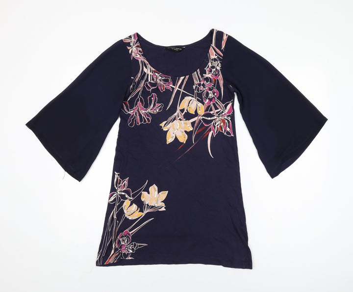 Dorothy Perkins Womens Blue Floral Polyester Basic T-Shirt Size 8 Round Neck