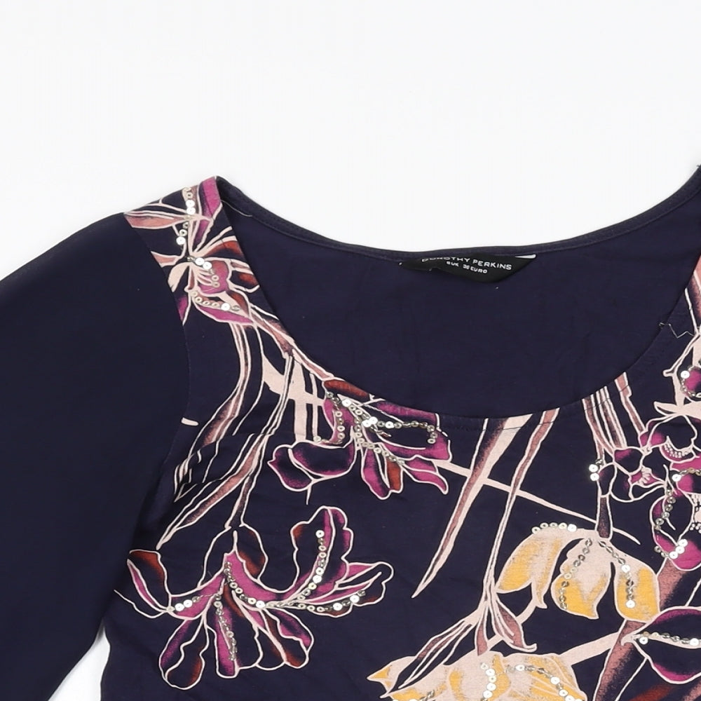 Dorothy Perkins Womens Blue Floral Polyester Basic T-Shirt Size 8 Round Neck