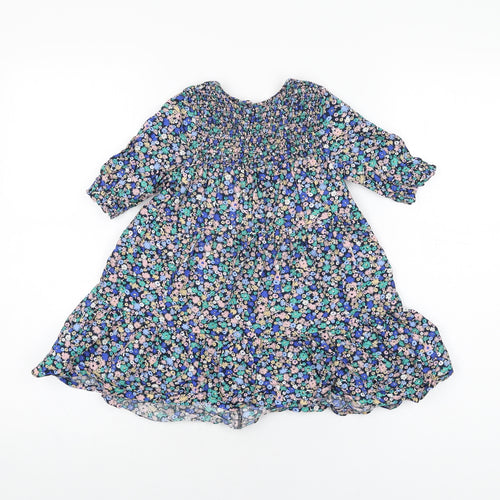 John Lewis Girls Blue Floral Cotton A-Line Size 3 Years Round Neck Button
