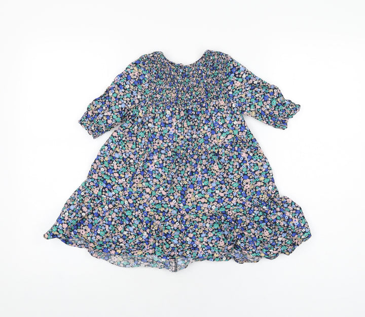 John Lewis Girls Blue Floral Cotton A-Line Size 3 Years Round Neck Button