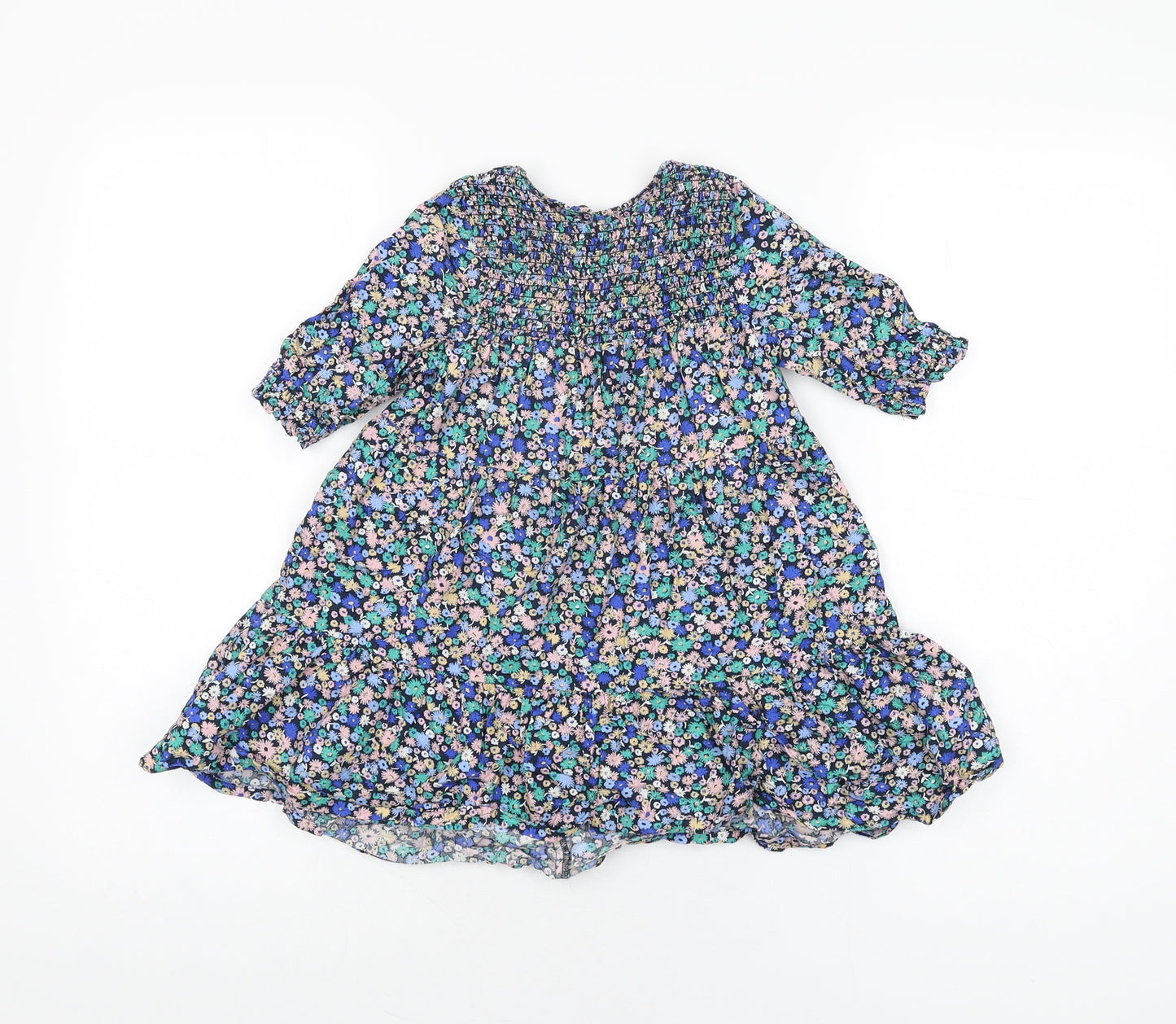 John Lewis Girls Blue Floral Cotton A-Line Size 3 Years Round Neck Button