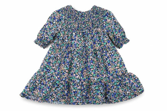 Front view of John Lewis girls’ blue floral cotton a-line, size 3, years round neck button