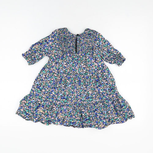 John Lewis Girls Blue Floral Cotton A-Line Size 3 Years Round Neck Button