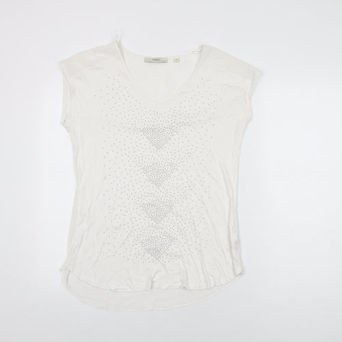 NEXT Womens White Geometric Viscose Basic T-Shirt Size 10 V-Neck