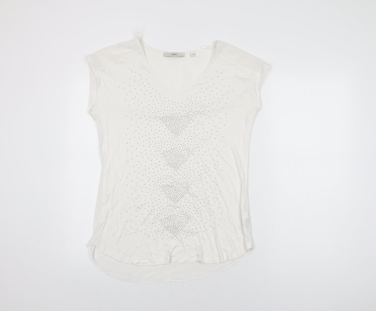 NEXT Womens White Geometric Viscose Basic T-Shirt Size 10 V-Neck