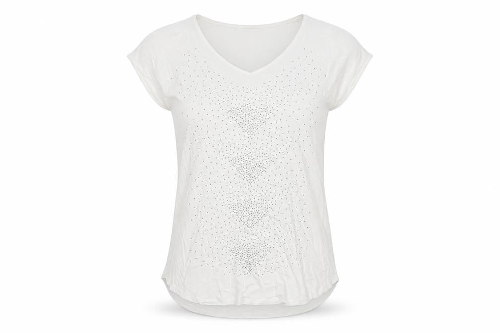 Front view of Next women’s white geometric viscose basic t-shirt, size UK 10, v-neck
