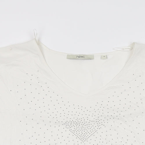 NEXT Womens White Geometric Viscose Basic T-Shirt Size 10 V-Neck