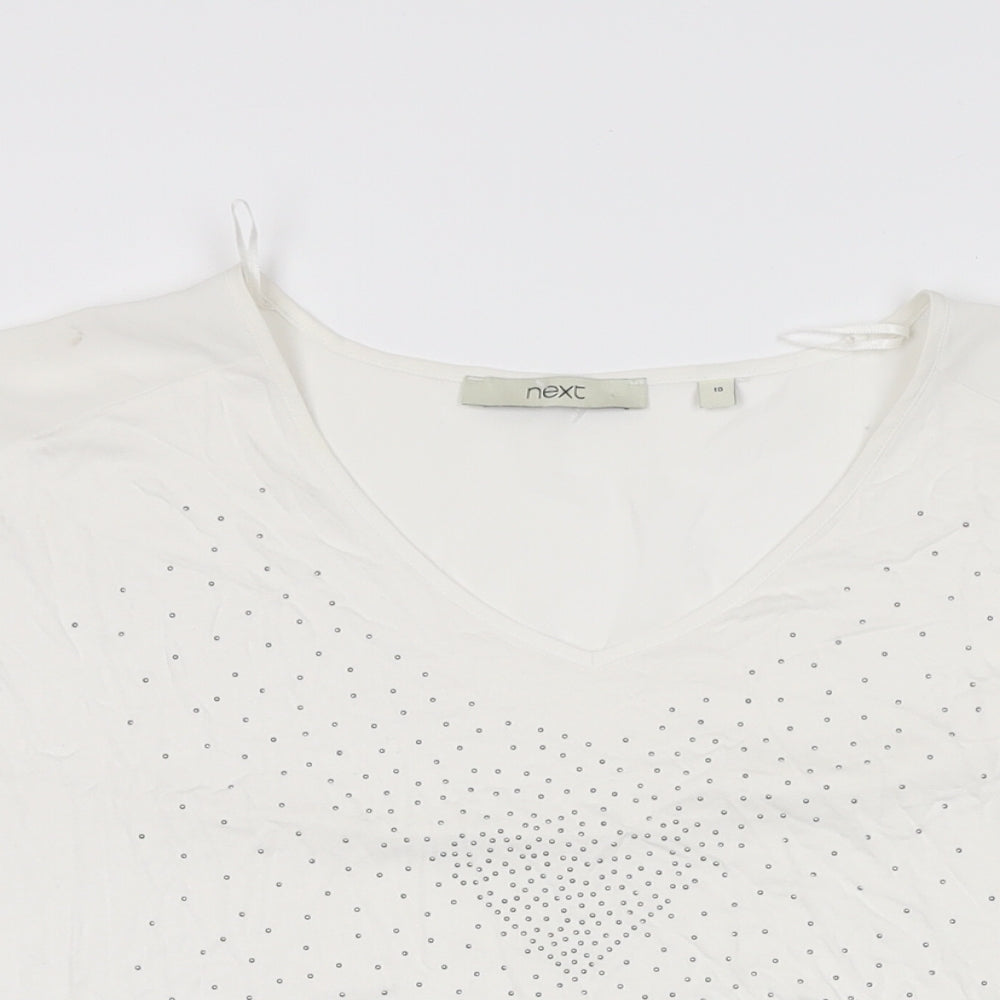 NEXT Womens White Geometric Viscose Basic T-Shirt Size 10 V-Neck
