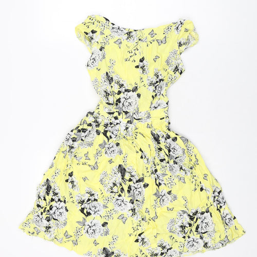 Dorothy Perkins Womens Yellow Floral Viscose Skater Dress Size 6 Round Neck Zip