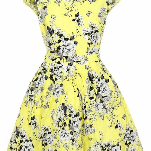 Dorothy Perkins Womens Yellow Floral Viscose Skater Dress Size 6 Round Neck Zip