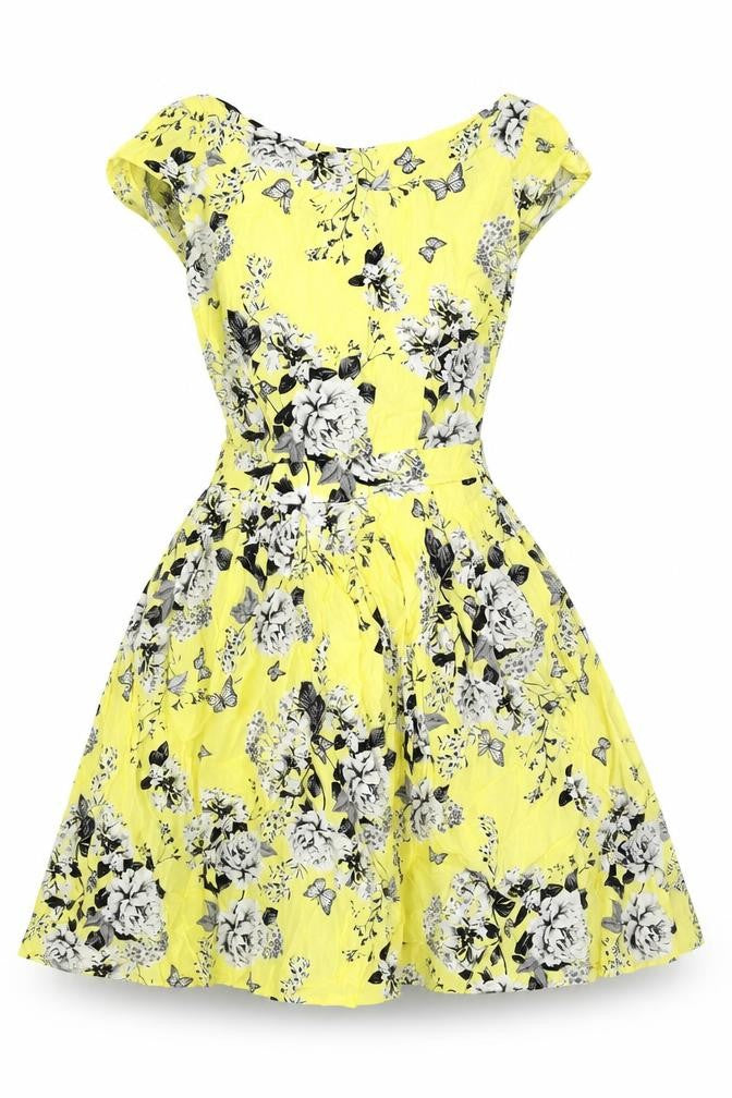 Dorothy Perkins Womens Yellow Floral Viscose Skater Dress Size 6 Round Neck Zip