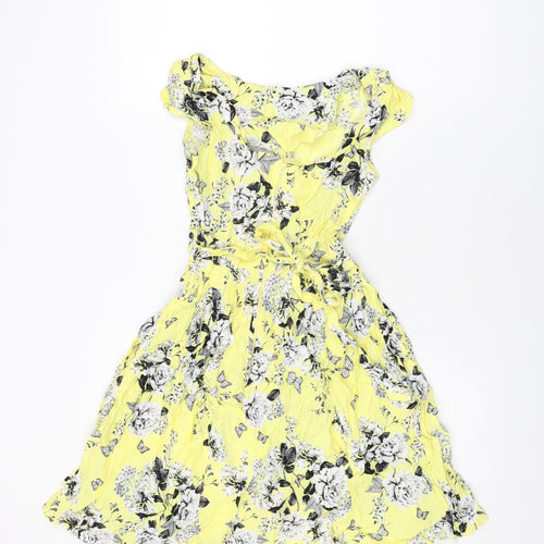 Dorothy Perkins Womens Yellow Floral Viscose Skater Dress Size 6 Round Neck Zip