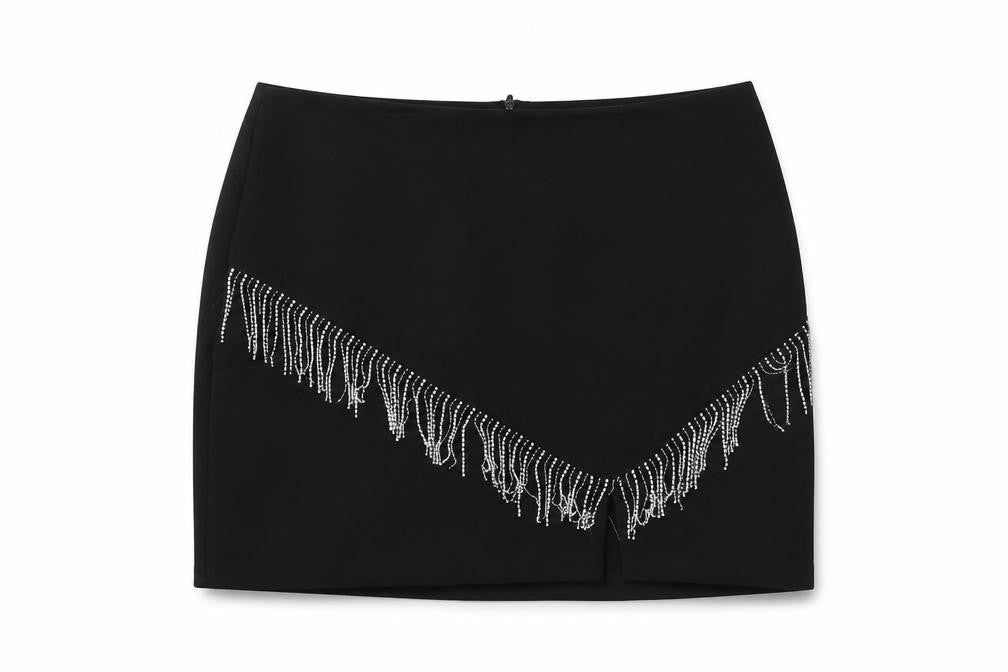 Front view of Zara women’s black polyester mini skirt, size L, zip