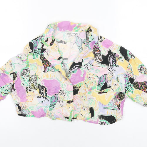 Pull&Bear Womens Multicoloured Geometric Polyester Cropped Button-Up Size S Collared