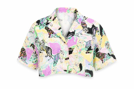 Front view of Pull&Bear women’s multicoloured geometric polyester cropped button-up, size S, collared