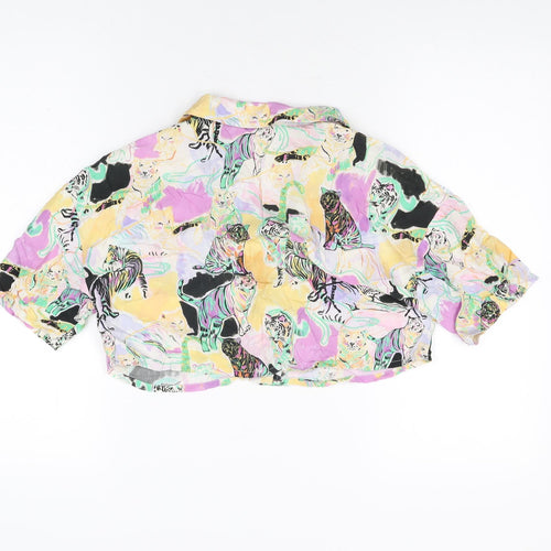 Pull&Bear Womens Multicoloured Geometric Polyester Cropped Button-Up Size S Collared