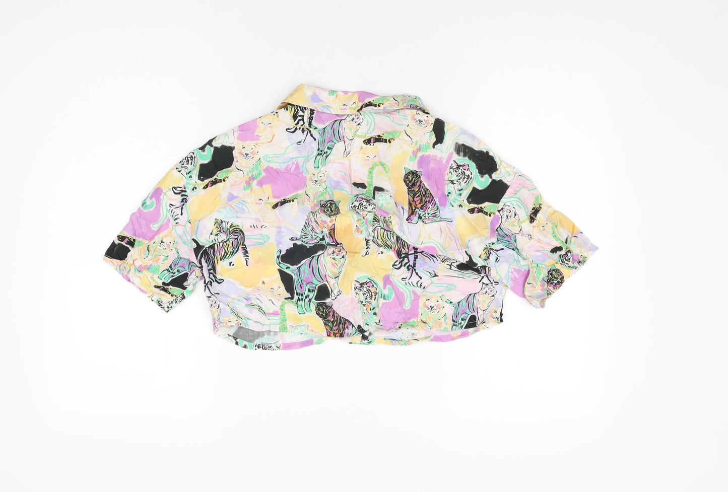 Pull&Bear Womens Multicoloured Geometric Polyester Cropped Button-Up Size S Collared