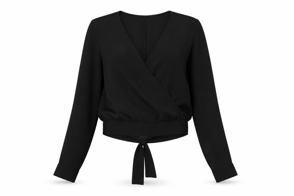 Front view of H&M women’s black polyester cropped blouse, size UK 10, v-neck