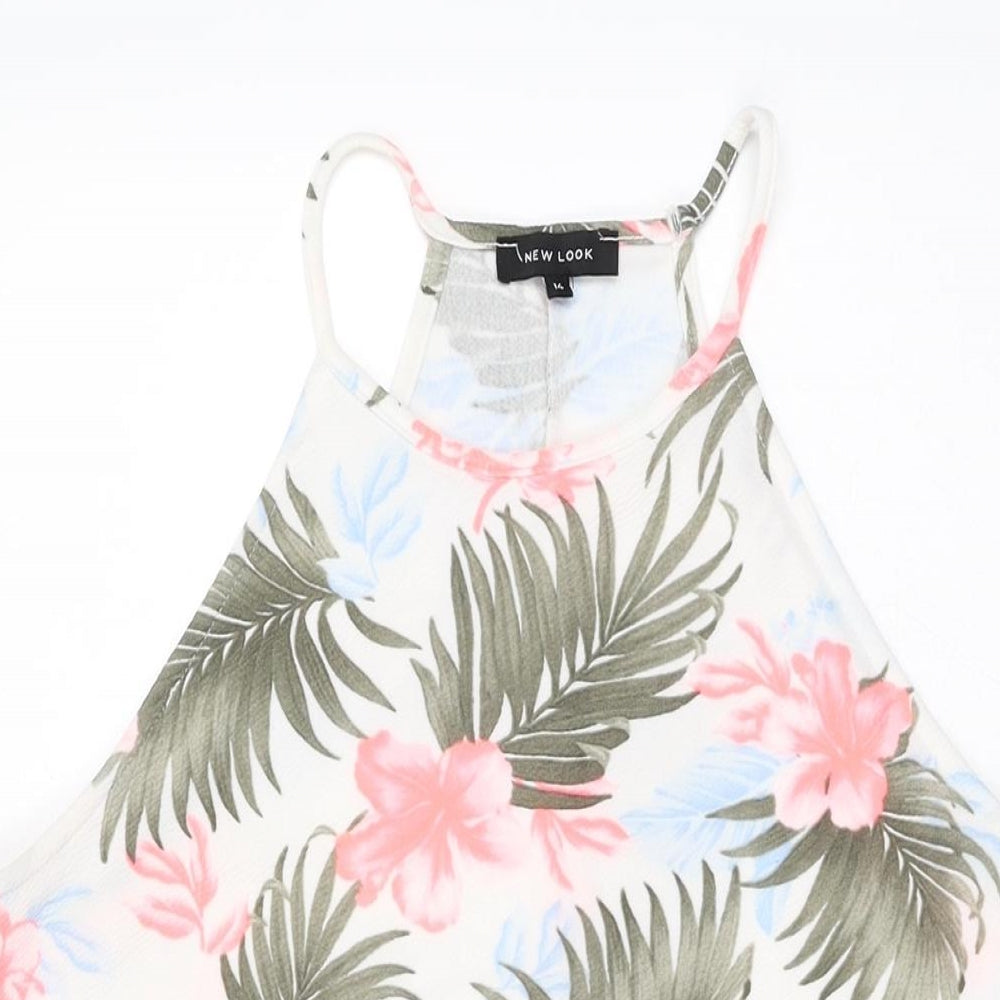 New Look Womens White Floral Polyester Shift Size 14 Round Neck Pullover