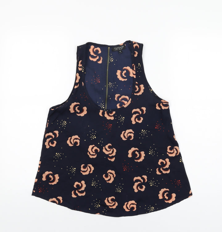 Topshop Womens Blue Floral Polyester Basic T-Shirt Size 8 Scoop Neck