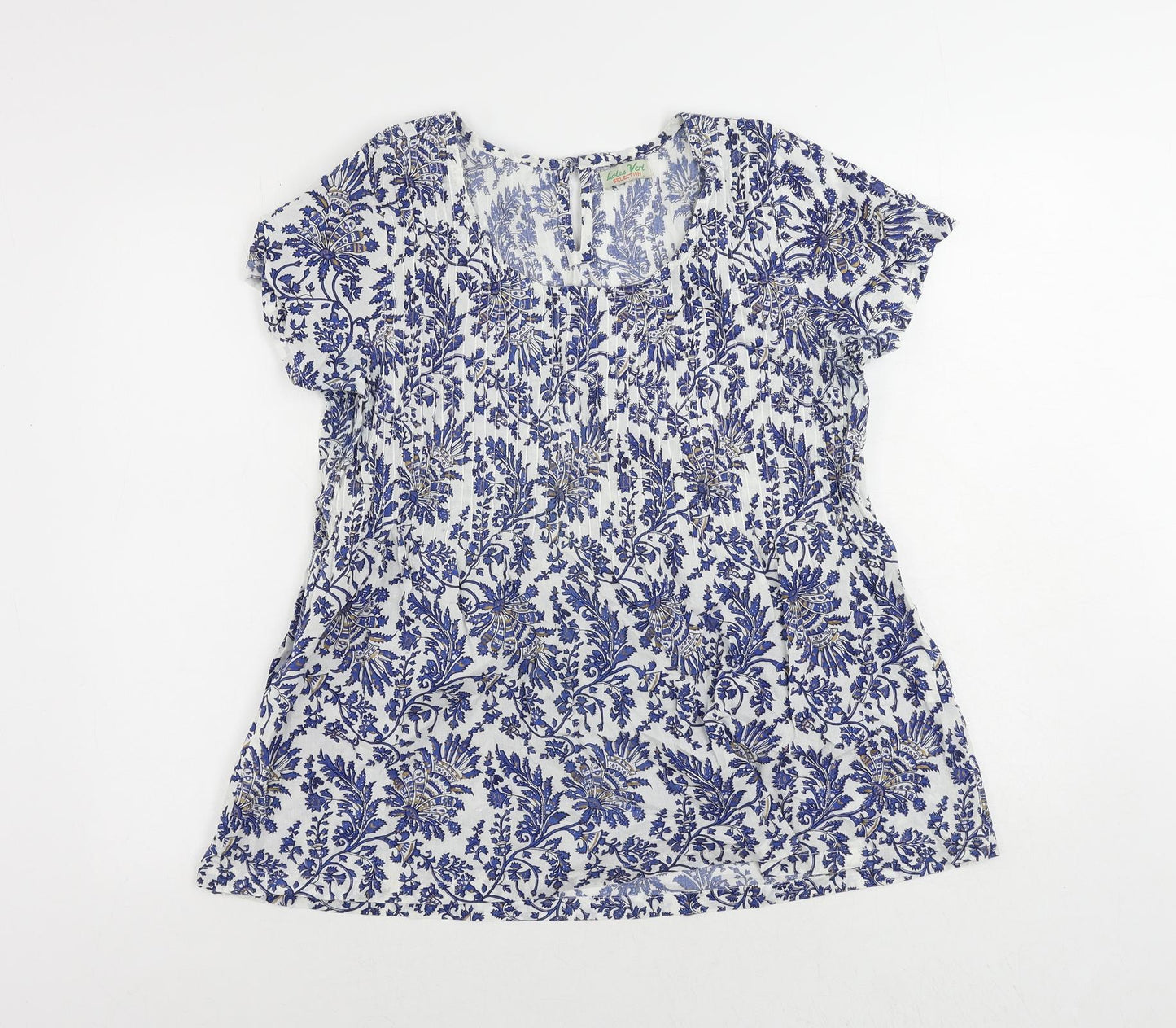 Lotus Vert Womens Blue Paisley Cotton Basic Blouse Size L Round Neck