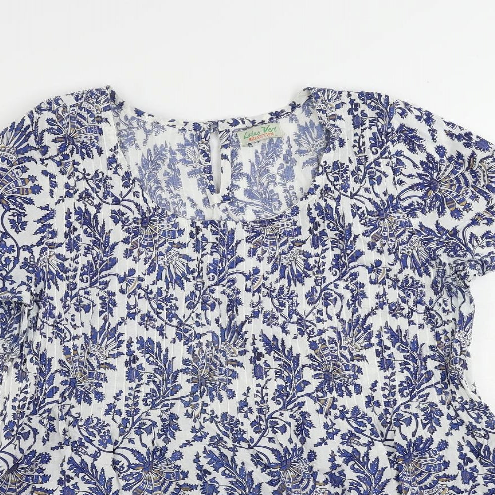 Lotus Vert Womens Blue Paisley Cotton Basic Blouse Size L Round Neck