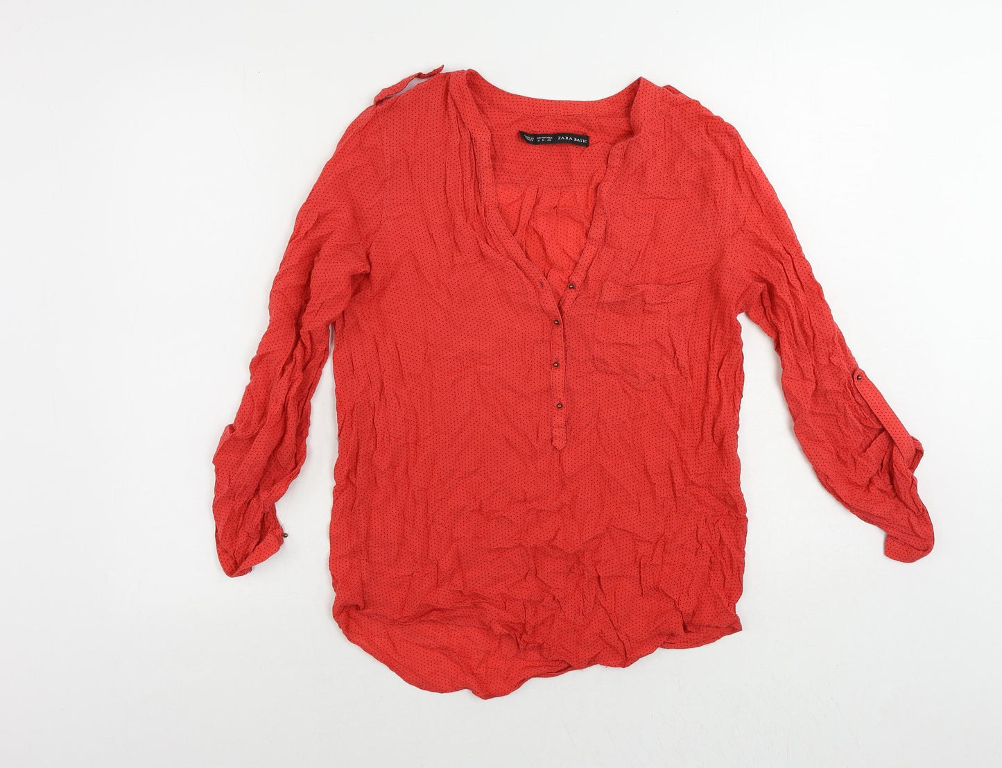Zara Womens Red Polka Dot Viscose Basic Blouse Size M V-Neck