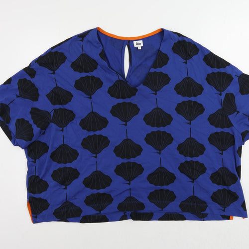 kín Womens Blue Geometric Cotton Basic T-Shirt Size L V-Neck