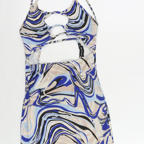 PRETTYLITTLETHING Womens Blue Geometric Polyester Mini Size 8 Round Neck Pullover - Cut Out