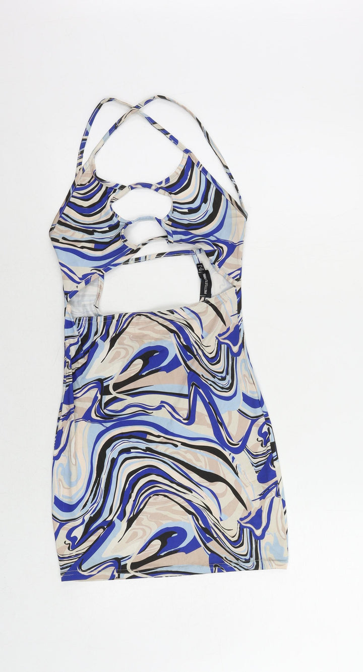 PRETTYLITTLETHING Womens Blue Geometric Polyester Mini Size 8 Round Neck Pullover - Cut Out