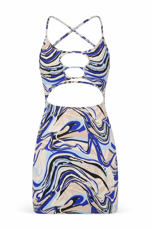 Front view of PRETTYLITTLETHING women’s blue geometric polyester mini, size UK 8, round neck pullover - cut out