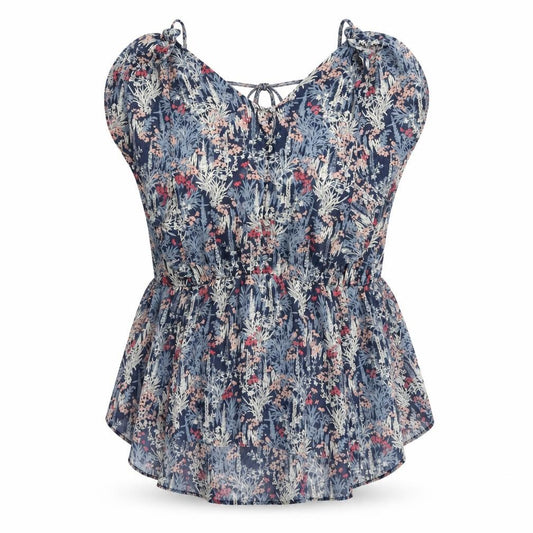 Front view of Next women’s blue floral polyester basic blouse, size UK 18, v-neck - backless