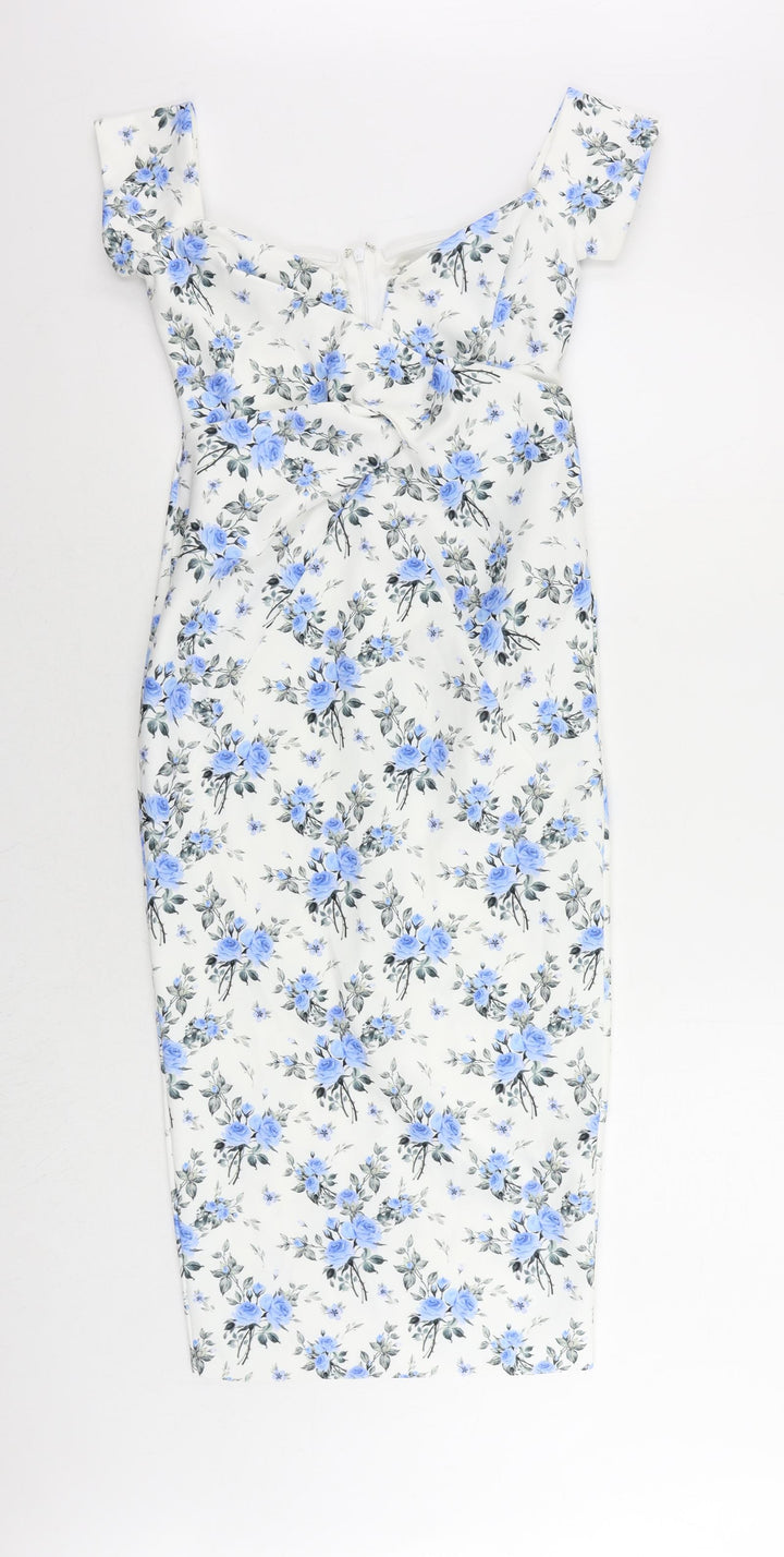 River Island Womens White Floral Polyester Sheath Size 12 V-Neck Zip
