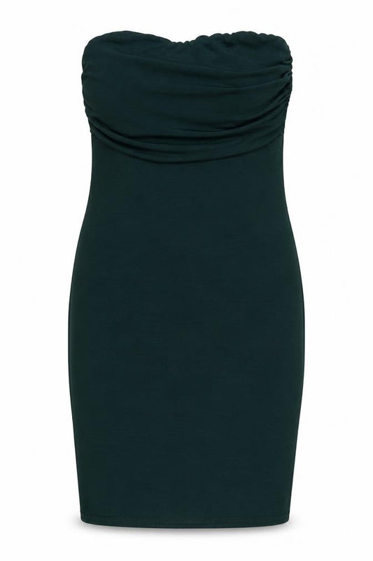 Front view of PRETTYLITTLETHING women’s green polyester bodycon, size UK 8, off the shoulder pullover - strapless